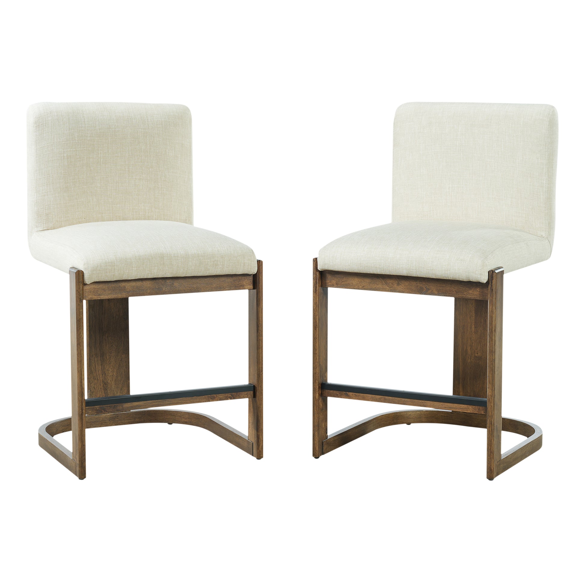 Modern Bar Stools Set of 2, 24" Solid Wood Counter Height Barstools, Linen Upholstered Kitchen Island Chair With Walnut-Finished Wood Legs for Home Bar Coffee Shop,Beige image 5