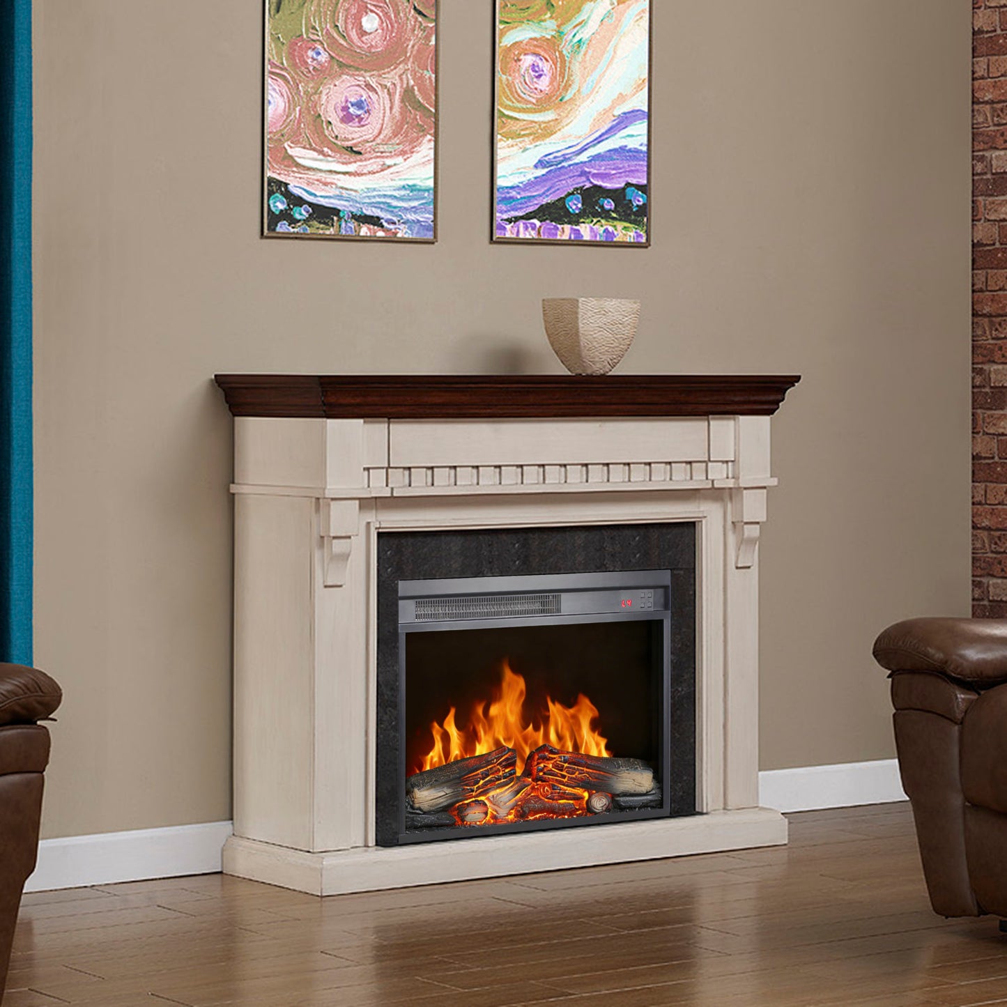 23 inch electric fireplace insert, ultra thin heater with log set & realistic flame, remote control with timer, overheating protection image 12