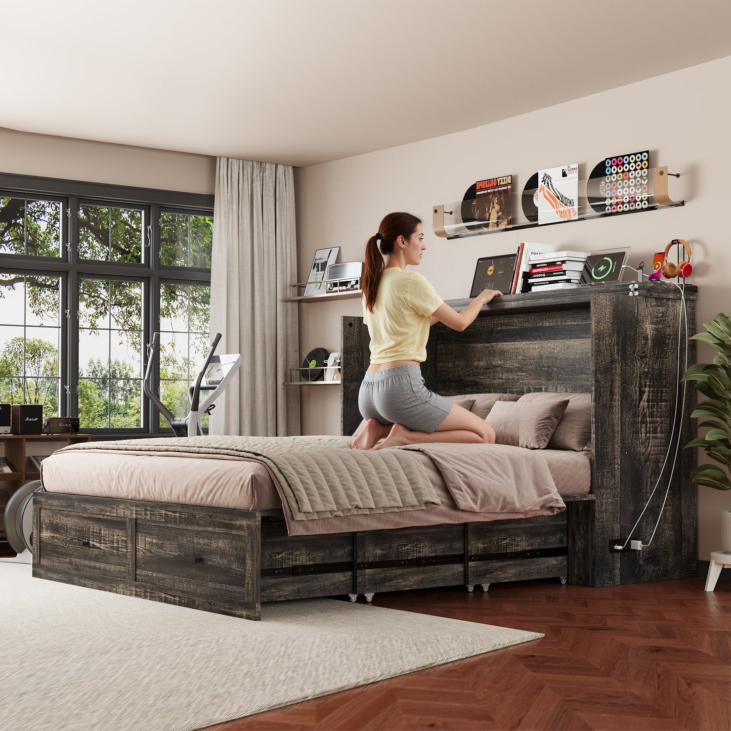 Queen Murphy Bed with Charging Station,Farmhouse Murphy Cabinet Bed with Large Storage Drawer,Hideaway Foldable Platform Bed for Guest Bedroom, Living Room, Office,Small Room,Pull out Bed,Rustic Grey image 2