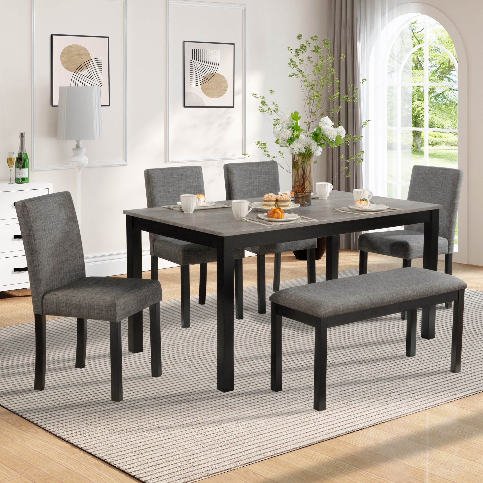 6-Piece Dining Table Set with Bench and Chairs, Dining Table Set for 6 with Bench, Wooden Dining Table Set for Kitchen, Dining Room, Light Grey & Black Two Tone image 1