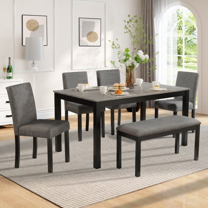 6-Piece Dining Table Set with Bench and Chairs, Dining Table Set for 6 with Bench, Wooden Dining Table Set for Kitchen, Dining Room, Light Grey & Black Two Tone image 1