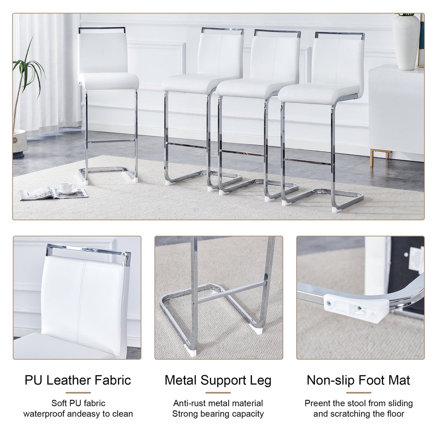 Modern and beautiful bar stool upholstered in PU leather with C-shaped silver metal legs for dining rooms, kitchens, terraces and guest office chairs.(set of 6) (white+PU) image 4