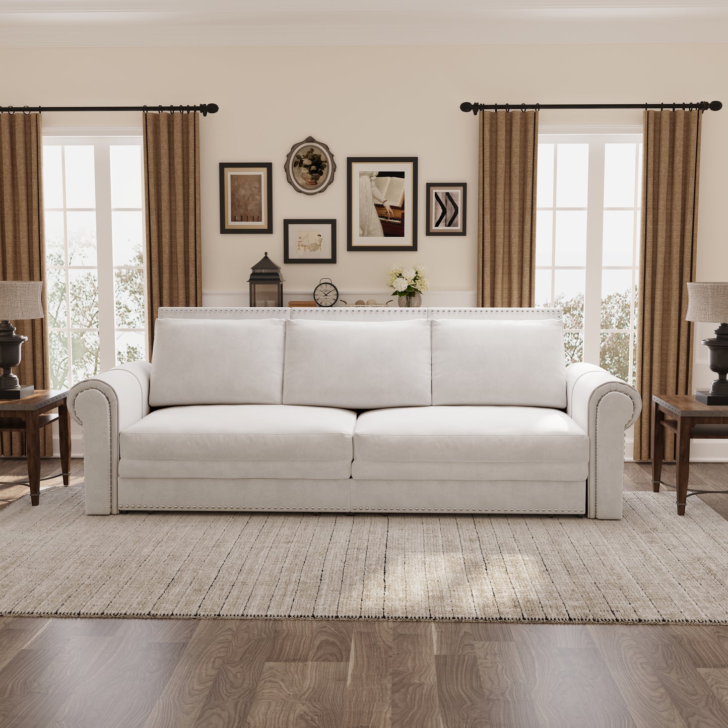 Chesterfield Sofa,93.7" King Pull Out Sofa Bed,3-in-1 Velvet Convertible Sleeper Sofa with Nailhead Trim & Rolled Arm,Multi-Functional Sofa Bed for Living Room,Bedroom,Beige/White(old sku:W1885S00036) image 5