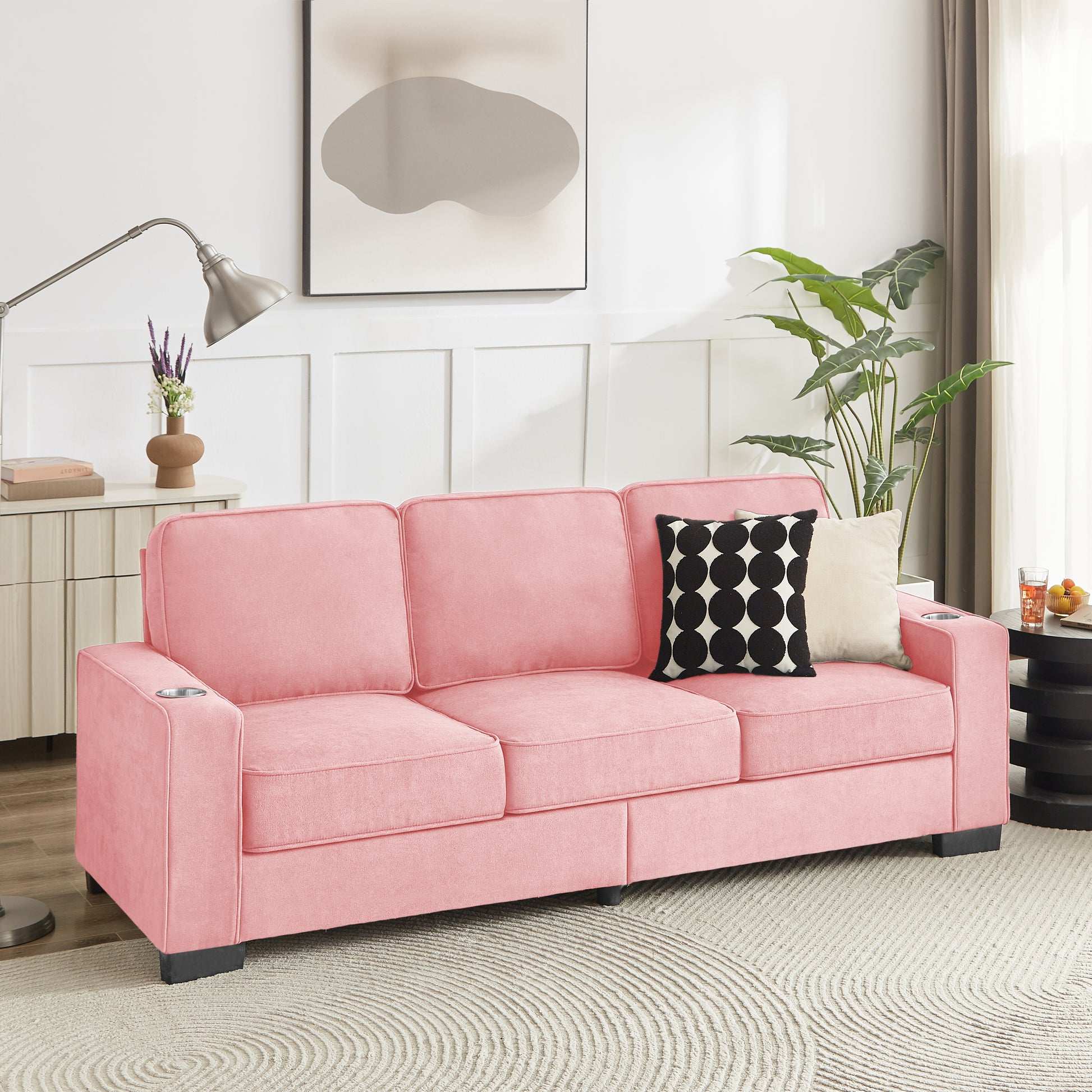 83.86"Snowfleece Fabric sofa,Modern Compressed Couch,3-Seater Sofa, Furniture for Living Room,Bedroom,office,Pink image 1