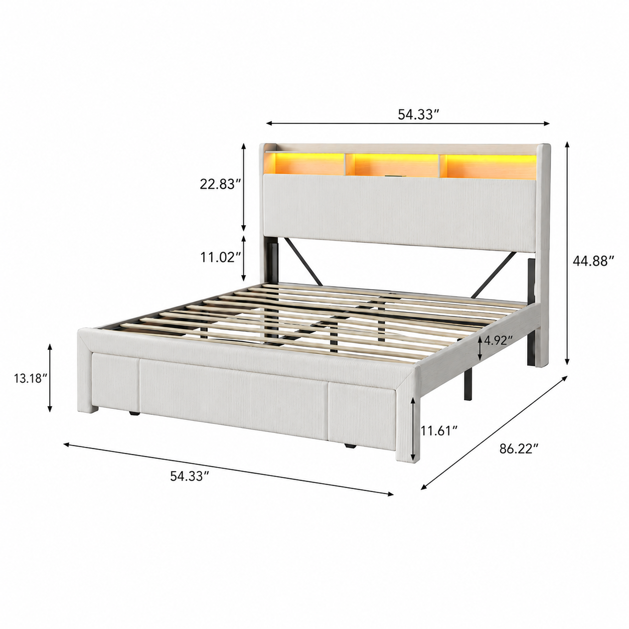 Full-size upholstered bed with drawers, featuring an upholstered storage headboard, heavy metal crossbar support, LED and USB charging, silent design, beige (mattress not included) image 2
