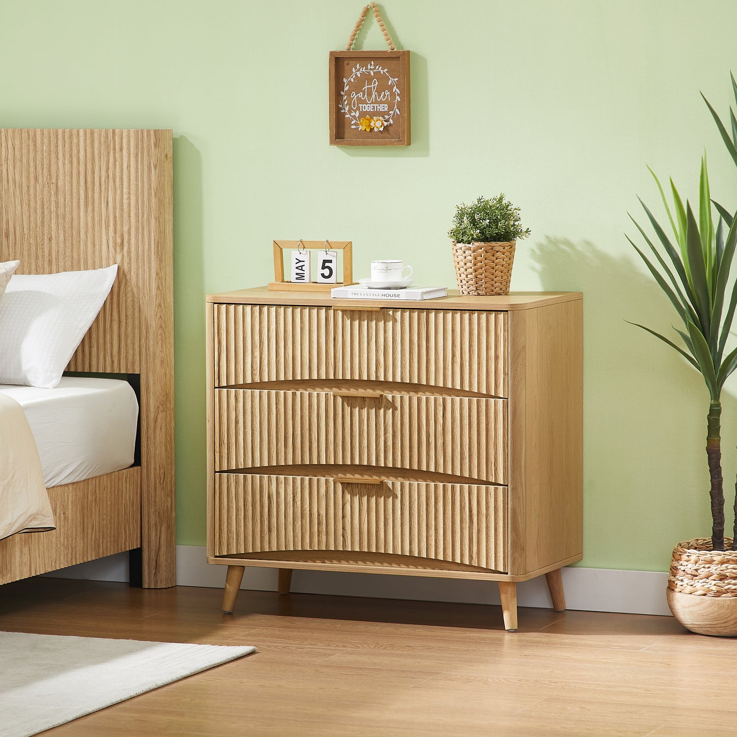 Fluted 3 Drawer Dresser Set of 2, Modern Tall Chest of Drawers with Vertical Grooved Design, Wood Storage Cabinet with Metal Handles for Bedroom Living Room, Oak. (23.6"W x 15"D x 30"H). image 3