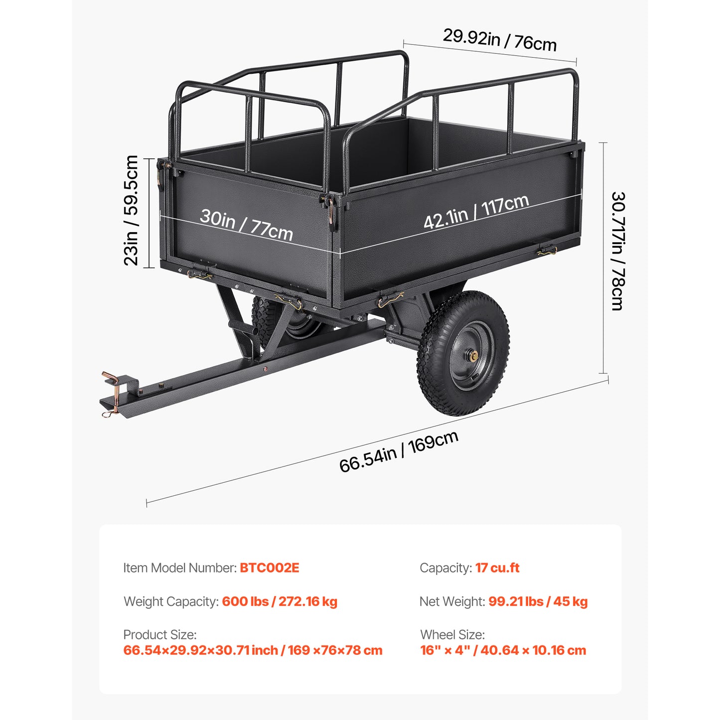 Steel Dump Cart 17 Cu. Ft 600LB for ATV/UTV Trailer Tow Behind Heavy Duty image 6