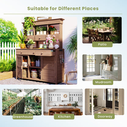 [Assembly Video Provided] TOPMAX 65.7'' H Tall Garden Potting Bench Table with Hutch,Patio Storage Workstation with 3 Shelves,6 Drawers,2 Bottom Cabinets&Side Hooks for Mudroom,Doorway, Brown image 4