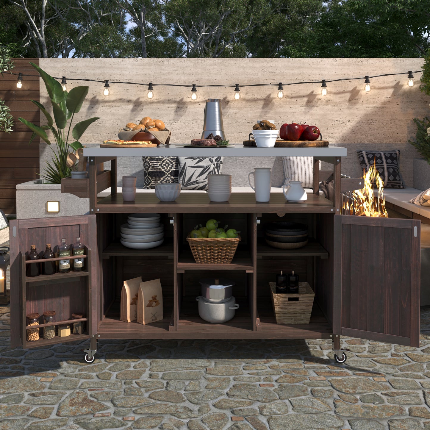 K&K Outdoor Kitchen Island, Rolling Bar Cart & Storage Cabinet, Farmhouse Solid Wood Outdoor Grill Table with Stainless Steel Top, Spice Rack, Towel Rack for Kitchen & Barbecue, Dark Brown image 2