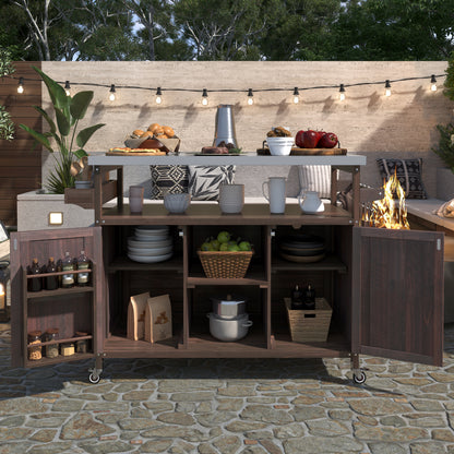 K&K Outdoor Kitchen Island, Rolling Bar Cart & Storage Cabinet, Farmhouse Solid Wood Outdoor Grill Table with Stainless Steel Top, Spice Rack, Towel Rack for Kitchen & Barbecue, Dark Brown image 2