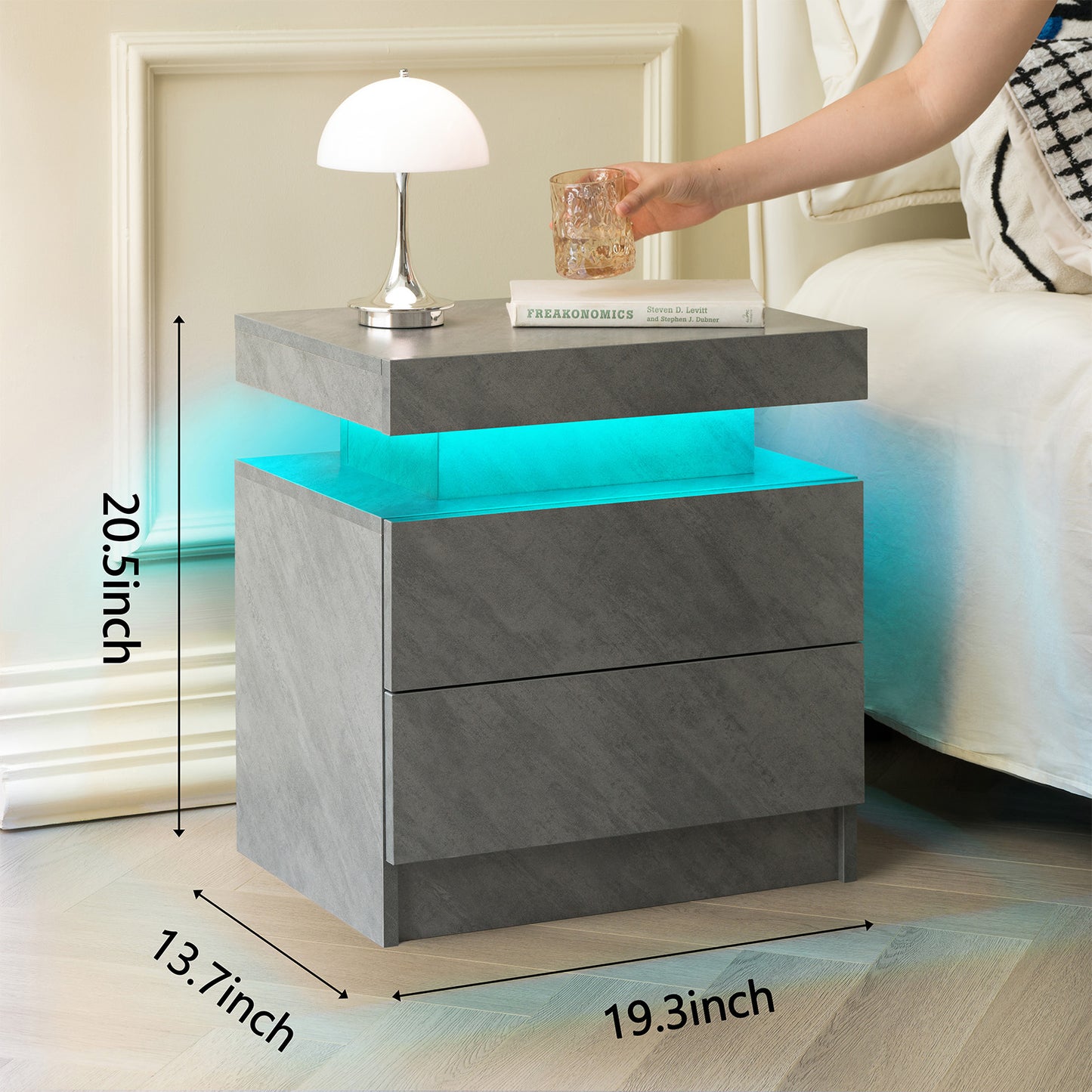 Nightstand LED Bedside Table Cabinet Lights Modern End Side with 2 Drawers for Bedroom (Deep Gray) image 3