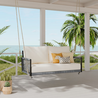 TREXM 1-Piece Woven Rope Outdoor Swing Sofa with Soft Cushions Seating 2 for Patio, Courtyard and Balcony (Beige) image 1