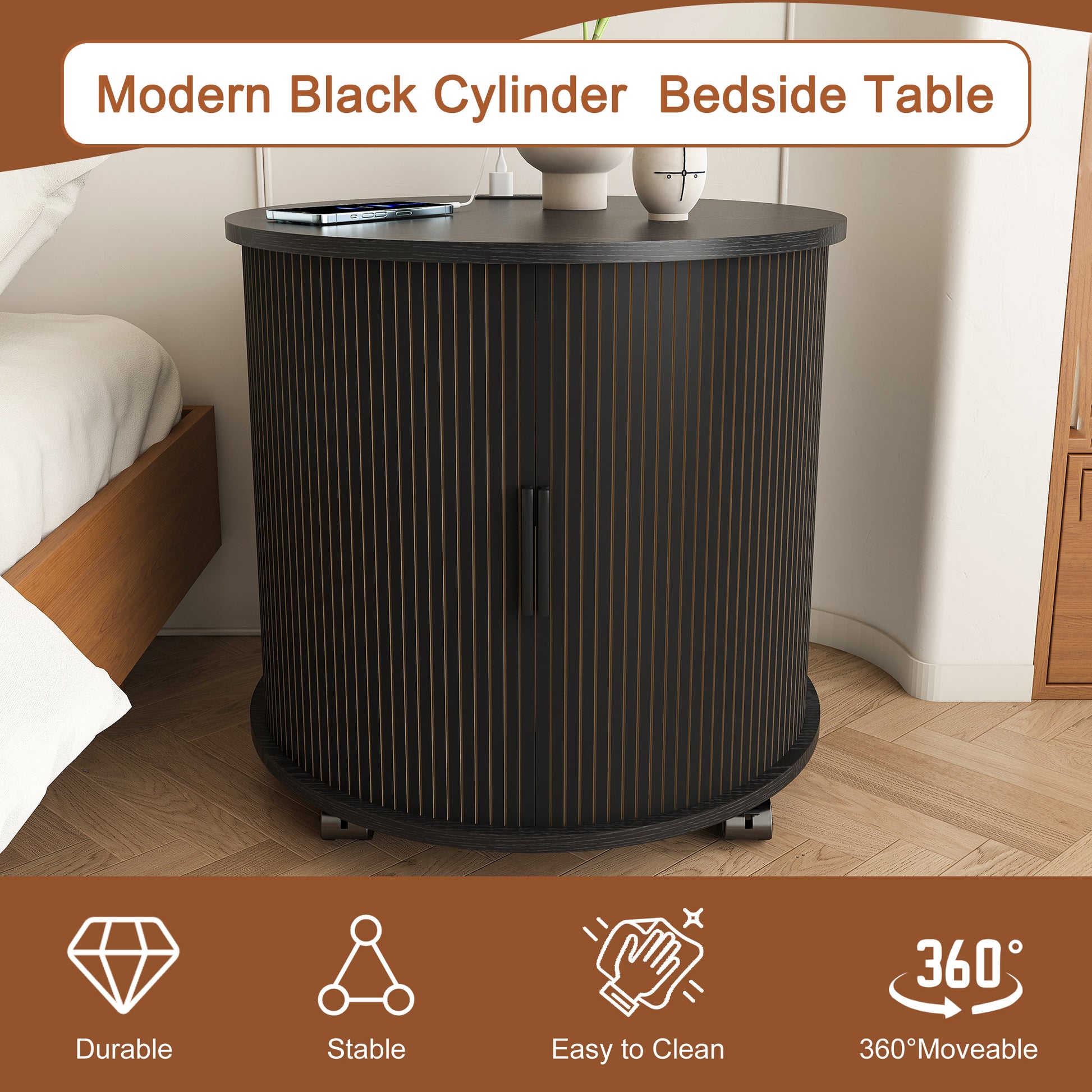 Set of 2 Mid Century Modern Cylinder End Table with Built-in Charging Station & Sliding Door, 2-Tier Storage Round Nightstand with USB Ports, Bedside Table for Living Room, Bedroom, Entryway-Black image 8