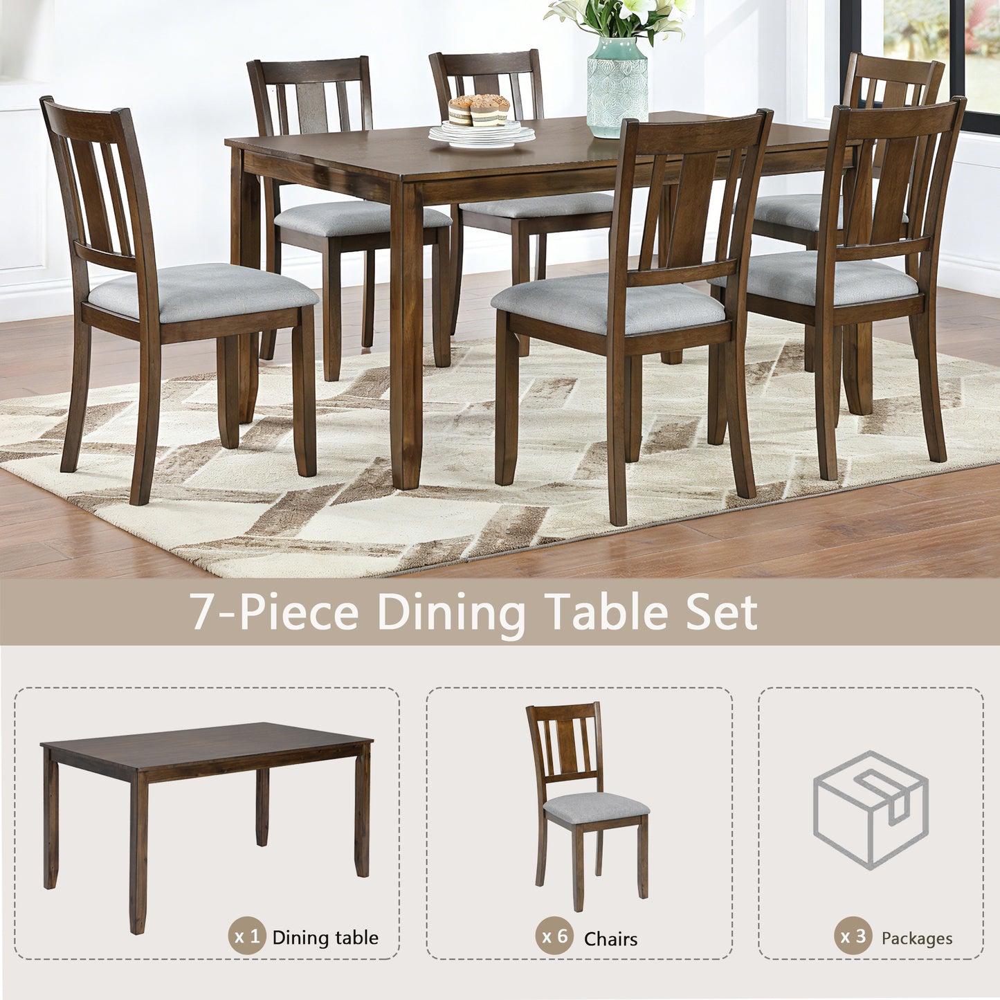 Modern 7-Piece Dining Table Set with 6 Upholstered Chairs, Wooden Rectangular Dining Table Set for 6 with Chairs, for Dining Room, Kitchen, Restaurant, Walnut image 7