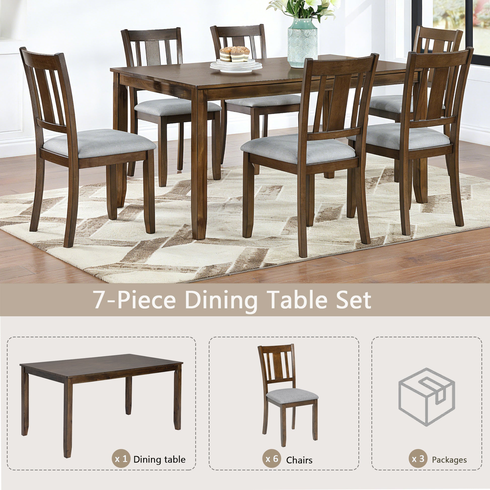Modern 7-Piece Dining Table Set with 6 Upholstered Chairs, Wooden Rectangular Dining Table Set for 6 with Chairs, for Dining Room, Kitchen, Restaurant, Walnut image 7
