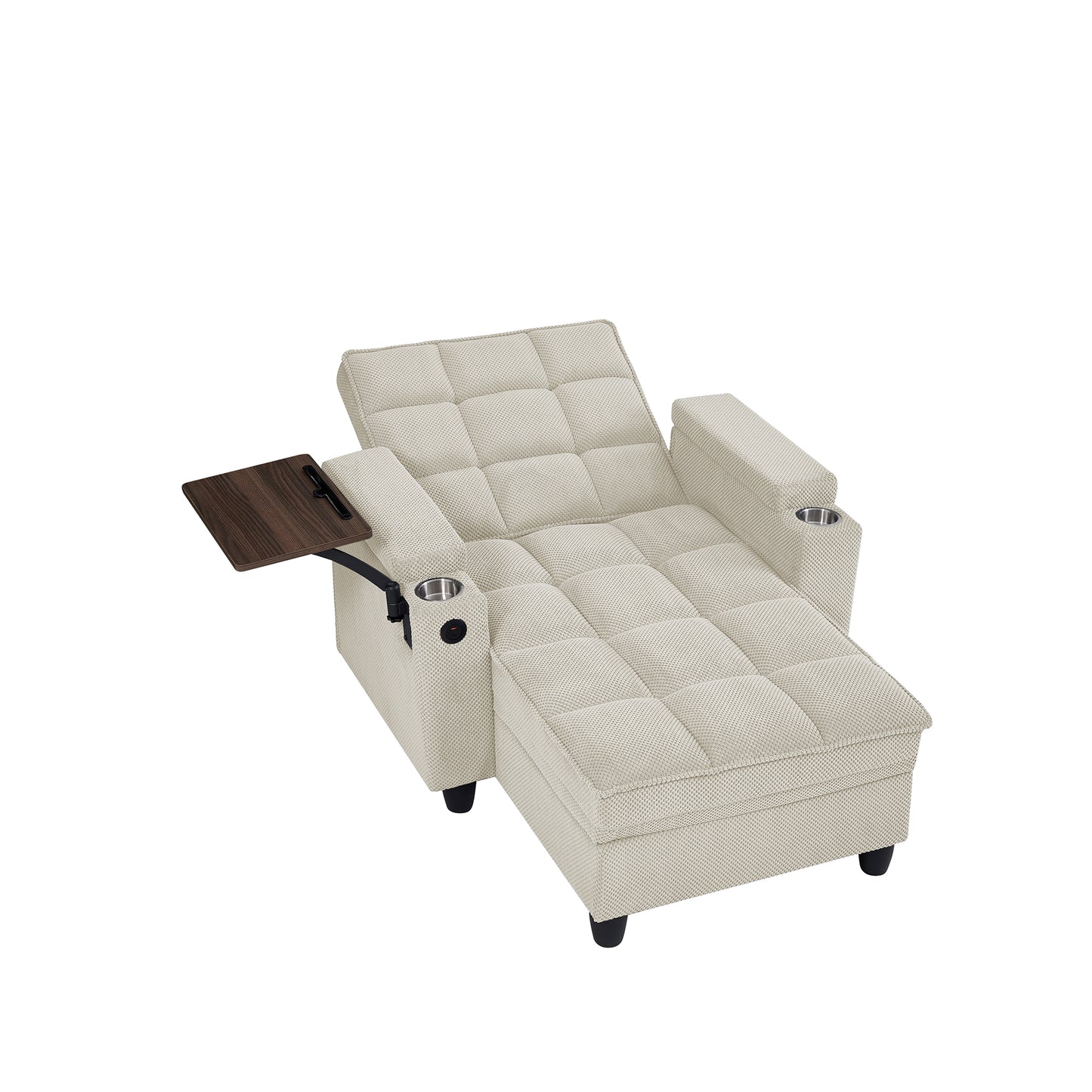 Beige Chaise Lounge Sofa,Sleeper Chair Bed with 6-Position Adjustable Backrest,USB Ports, Cup Holder and Swivel Side Table image 7