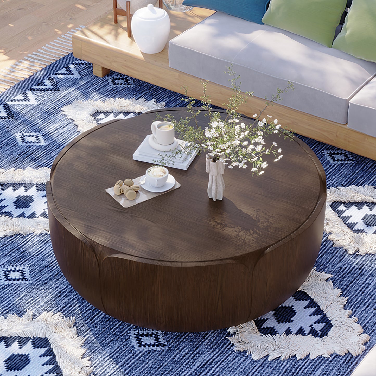 35.63" Round Outdoor Indoor Coffee Table, Modern Wood Grain Drum Center Table, Sturdy MGO (Magnesium Oxide) Waterproof, No-Assembly Table for Patio, Garden, Backyard, Living Room (Brown) image 6