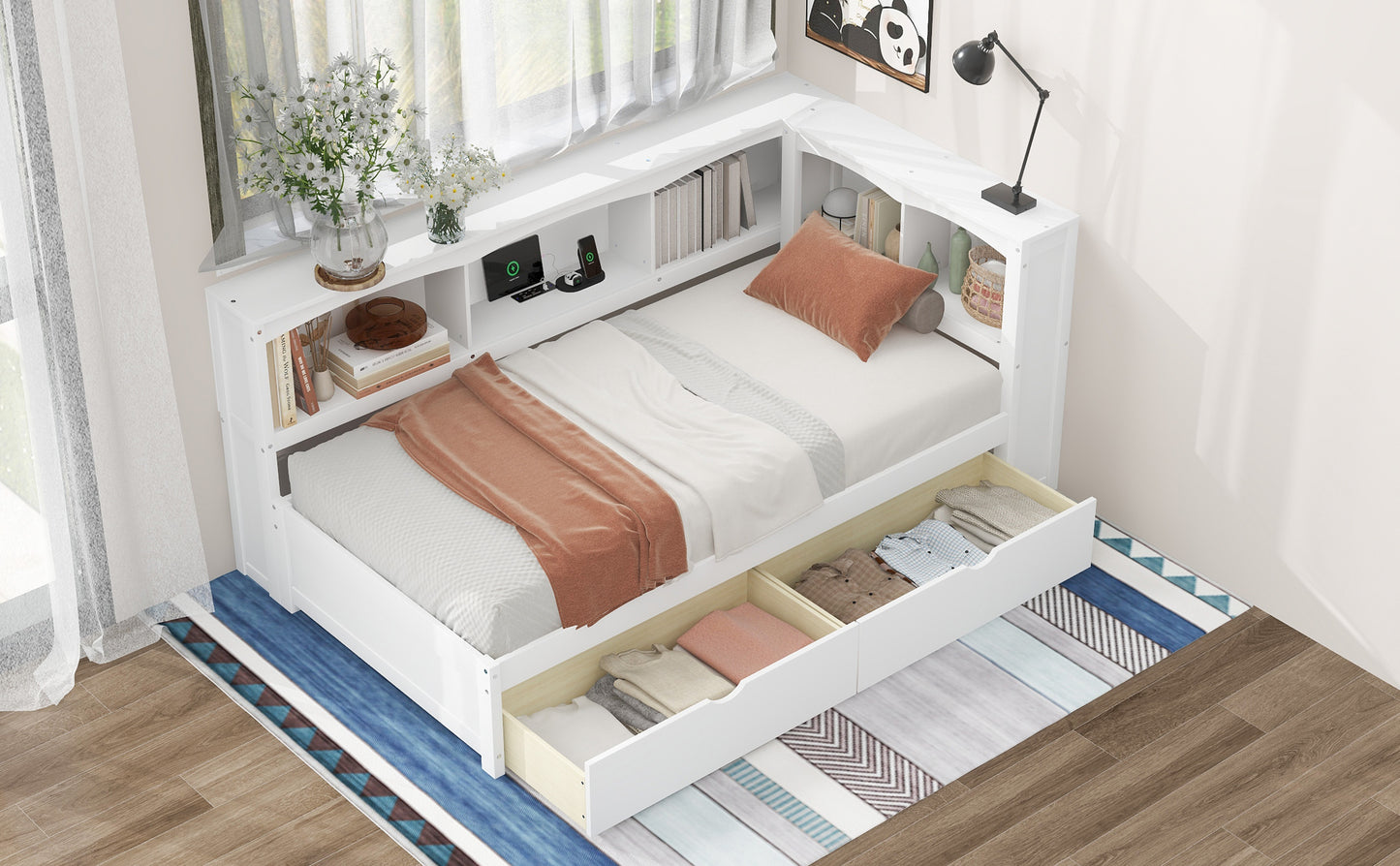 Twin Size Daybed with Two Storage Drawers, Storage Cabinets and USB Ports, White image 3