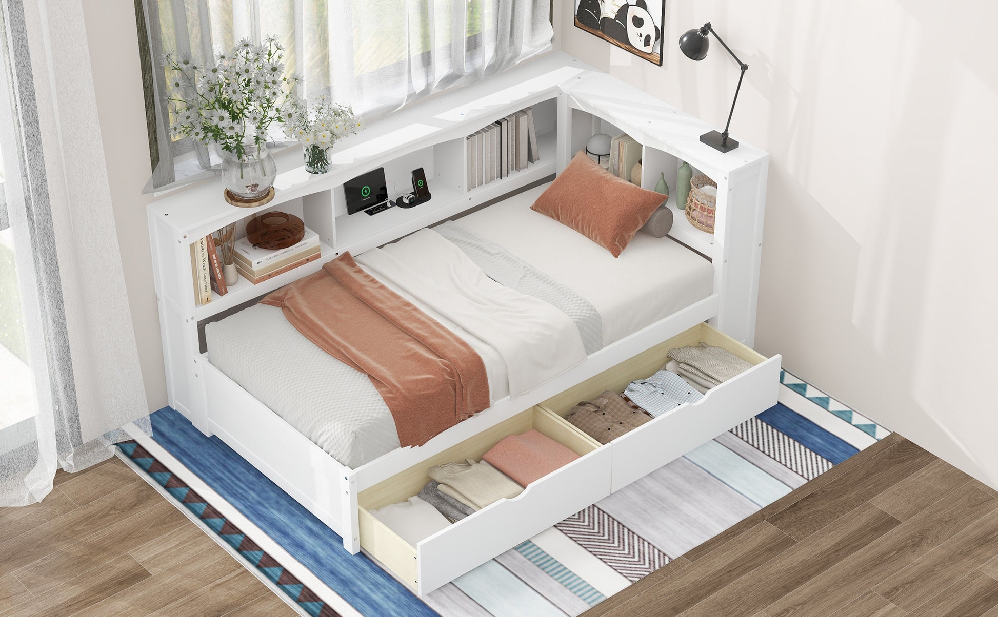 Twin Size Daybed with Two Storage Drawers, Storage Cabinets and USB Ports, White image 3