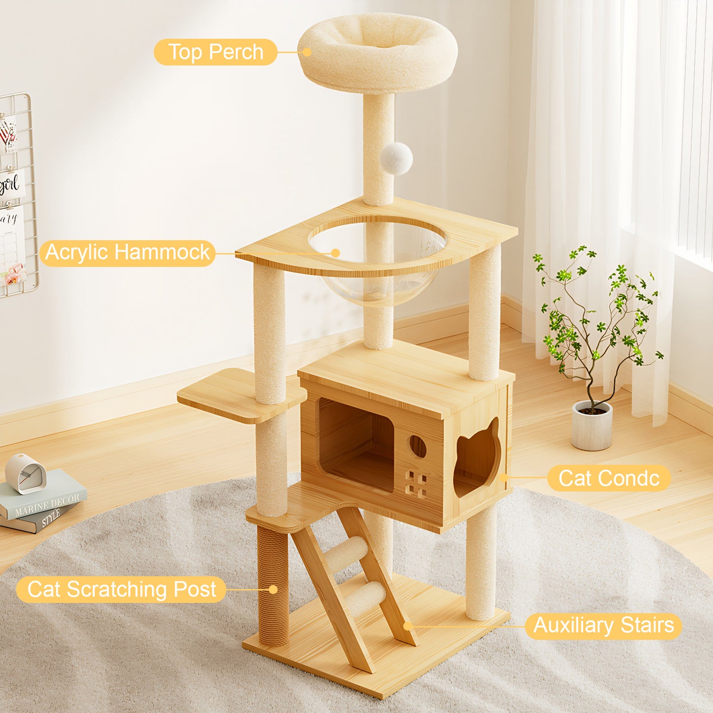 48.8" Modern Cat Tower, Wood Cat Tree Tower for Indoor Cats, Cat Treewith Sisal-Covered Scratching Posts and Top Perch, Cat Condo with Acrylic Hammock for Small Large Cats image 3