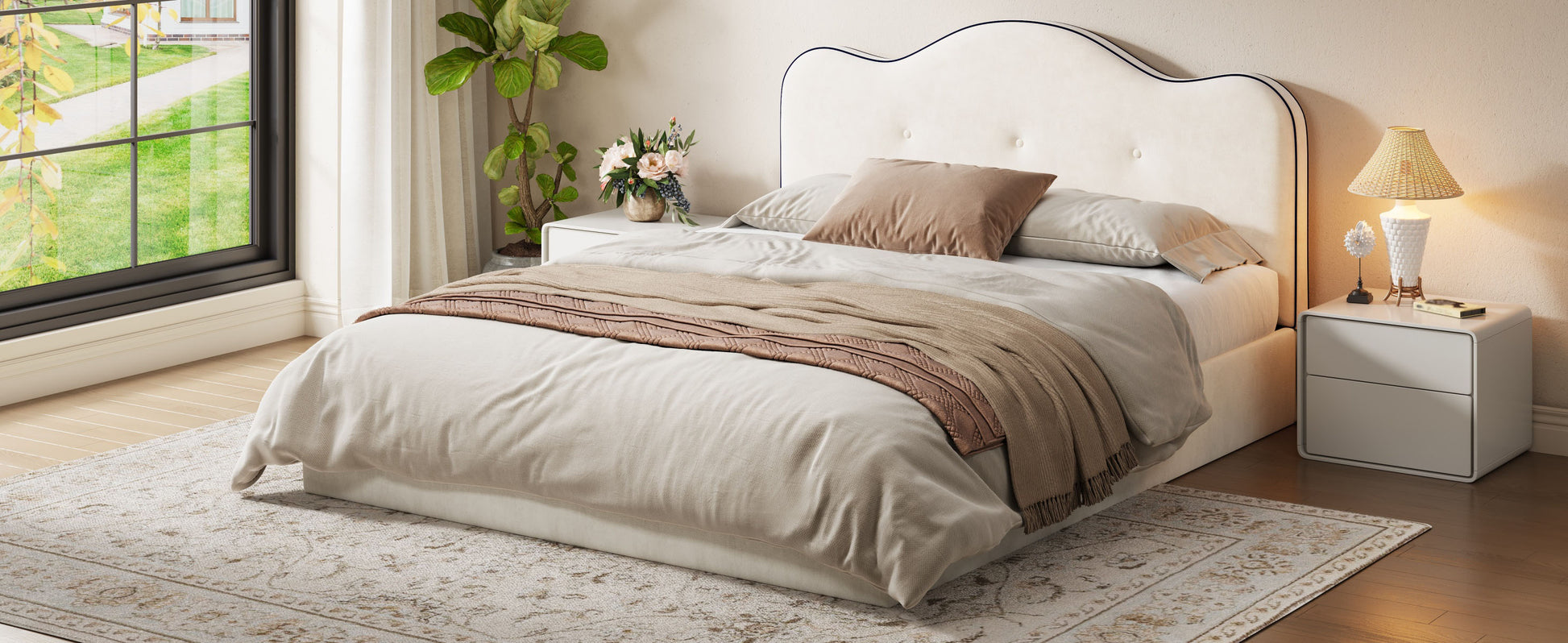 King Size Upholstered Platform Bed, Beige image 7