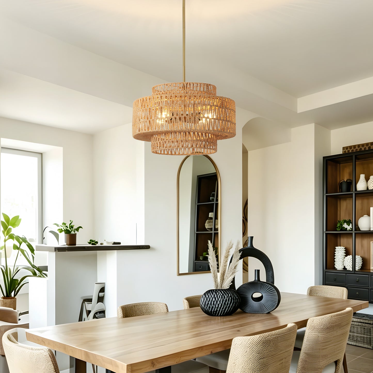 17.7" Boho Rattan Chandelier for Dining Room Light Fixture, 5-Light Hand Woven Wicker Pendant Light Fixture, Farmhouse Rustic Hanging Chandelier for Dining Room, Kitchen Island, Living, Bedroom image 2