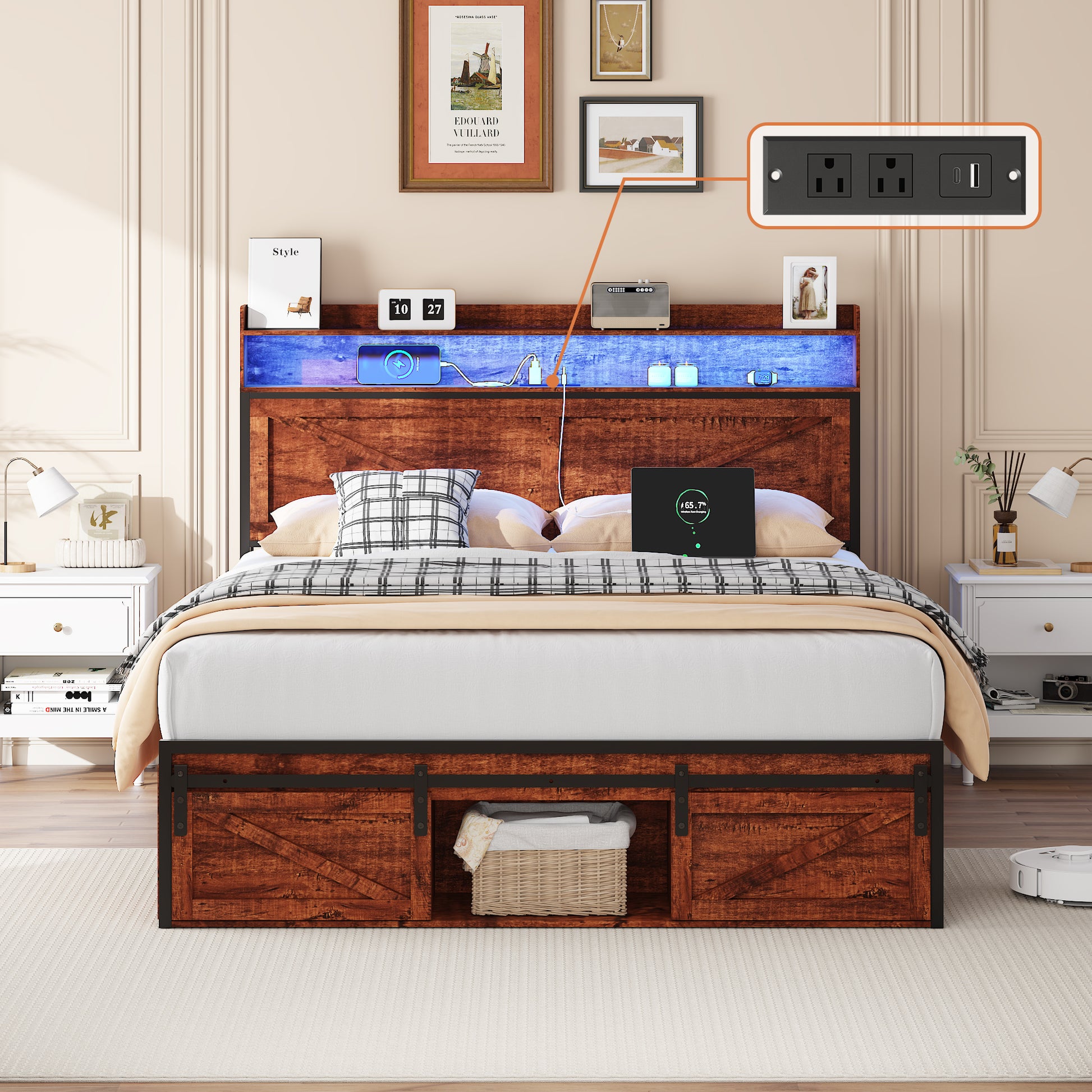 Full Size Bed Frame with Storage Headboard and LED Lights, Upholstered Platform Bed with Footboard Drawers, Sturdy Metal Slats, Noise-Free Mattress Support, No Box Spring Needed, Brown image 2