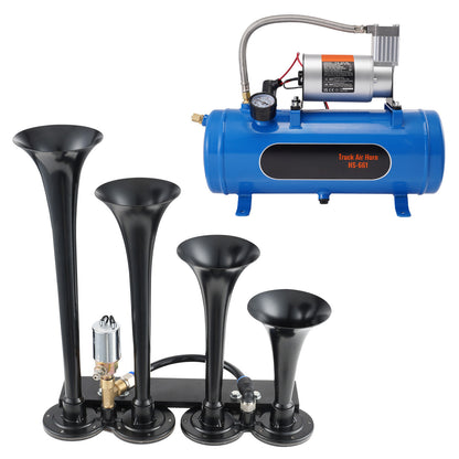 Train Horns Kit, 4 Trumpet Air Horn Kit, 150dB Train Horns for Pickup Trucks, 12V 120 psi Air Compressor 1.6 Gal/6 L Tank with Gauge for Any 12V Vehicle Car Truck Train Van Boat image 1