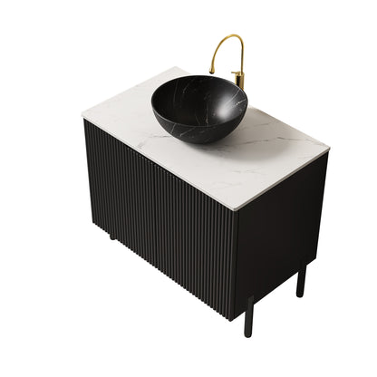 TURIO 72" Freestanding Double Bathroom Vanity with Sinks, 2x30" Striped Storage Cabinets + 12" Removable Open Shelf, 2 Black Bowl Stone Pattern Vessel Basins with Carrara White Countertop, Black image 5