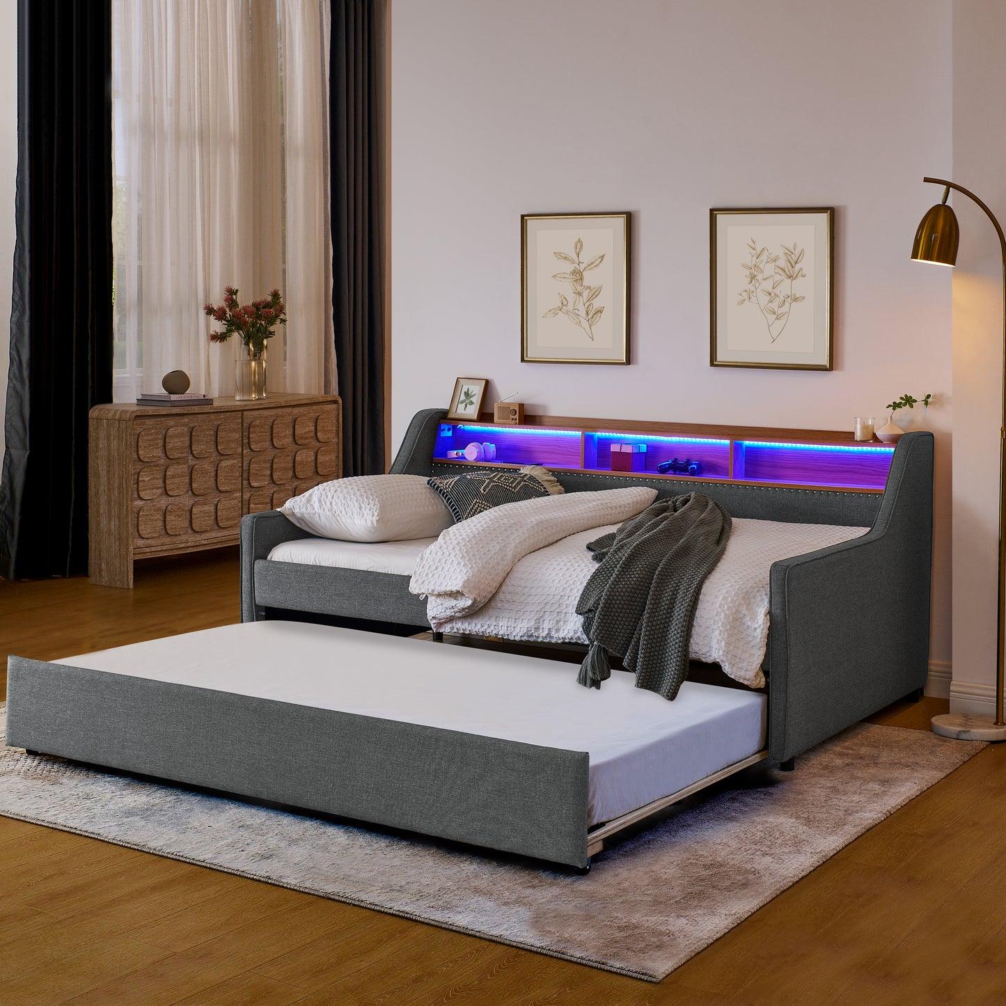 Twin Size Upholstery Sofa Bed with Three LED lights, with Storage Adjustable Headboard, with Foldable Leg Pull up Trundle Bed and Wireless Charging, Linen Padded Sofa Bed frame, Grey image 1