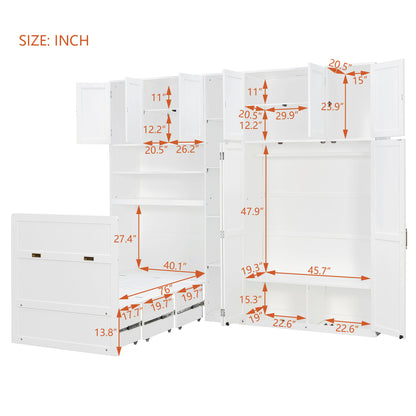 Twin Size Murphy Cabinet Bed with Wardrobe & Storage Shelves, 5-Tier LED Display Shelves, Overhead Cabinets, White image 7