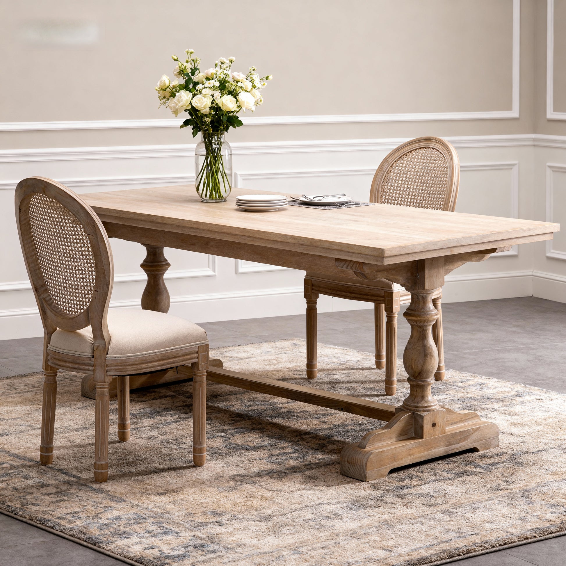French Style Solid Wood Frame Linen Fabric Rattan Back Dining Chair,Set of 2, Beige image 8
