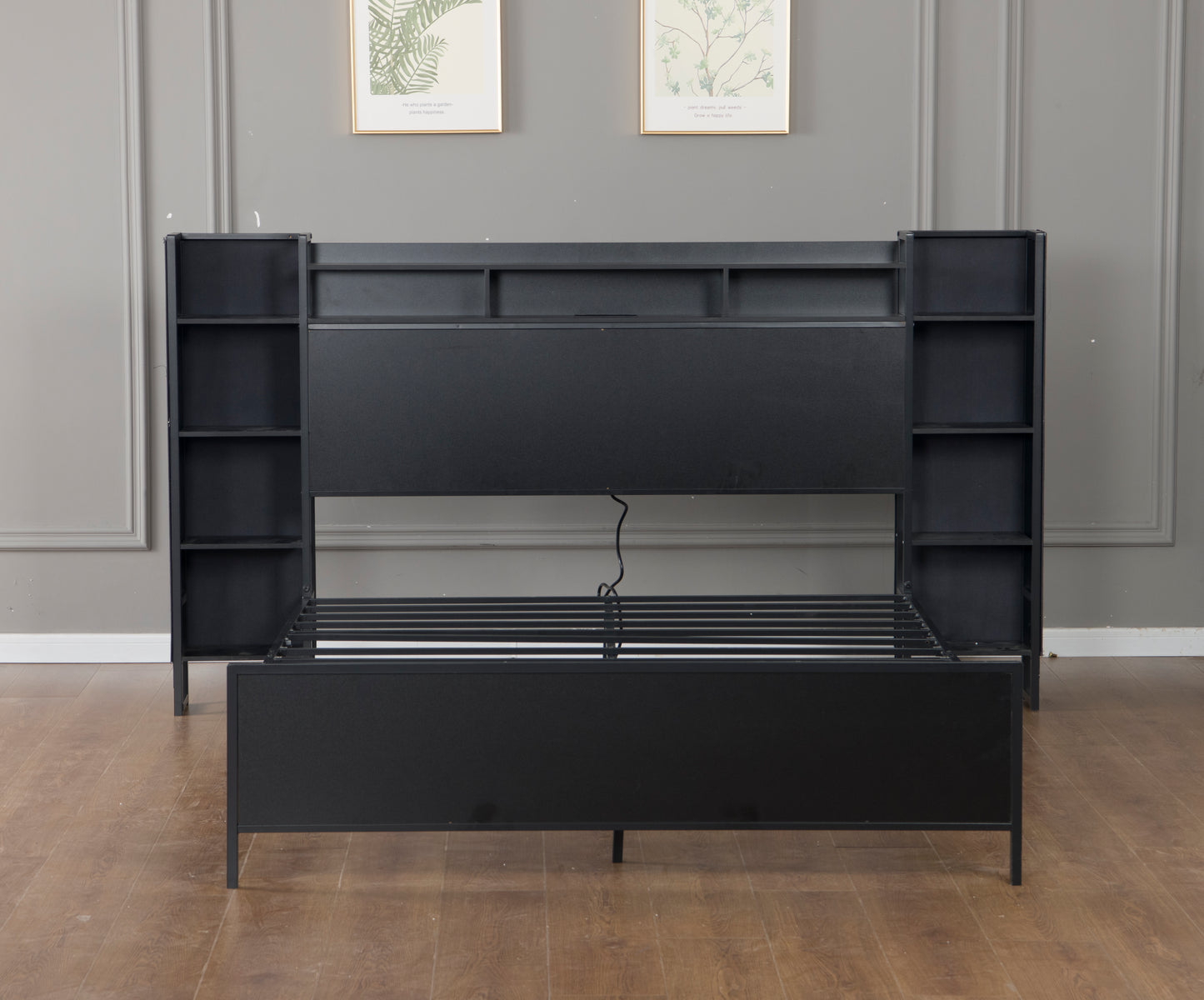 Queen Size Bed Frame with USB Charging Station, Storage Headboard and with Led Light, Heavy Duty Metal Platform Bed Frame, No Box Spring Needed, Black image 11