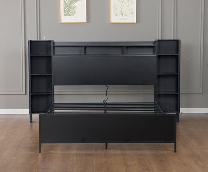 Queen Size Bed Frame with USB Charging Station, Storage Headboard and with Led Light, Heavy Duty Metal Platform Bed Frame, No Box Spring Needed, Black image 11