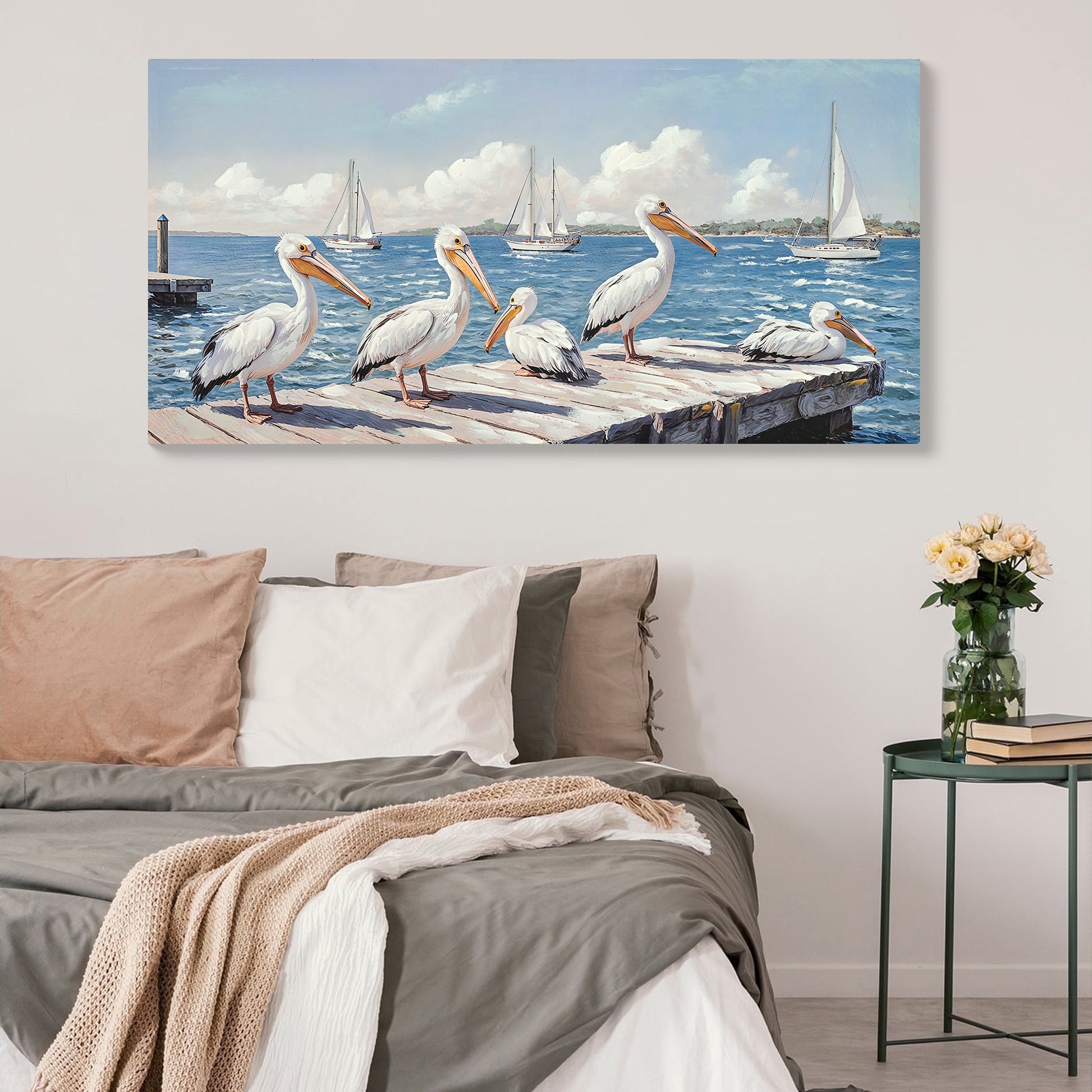 Beach Wall Art - Large Blue Ocean Seagull Canvas Pictures for Living Room Aesthetic Beach Birds Painting Prints Modern Coastal Seascape Artwork Wall Art for Bedroom Decoration 22" X 44" image 9