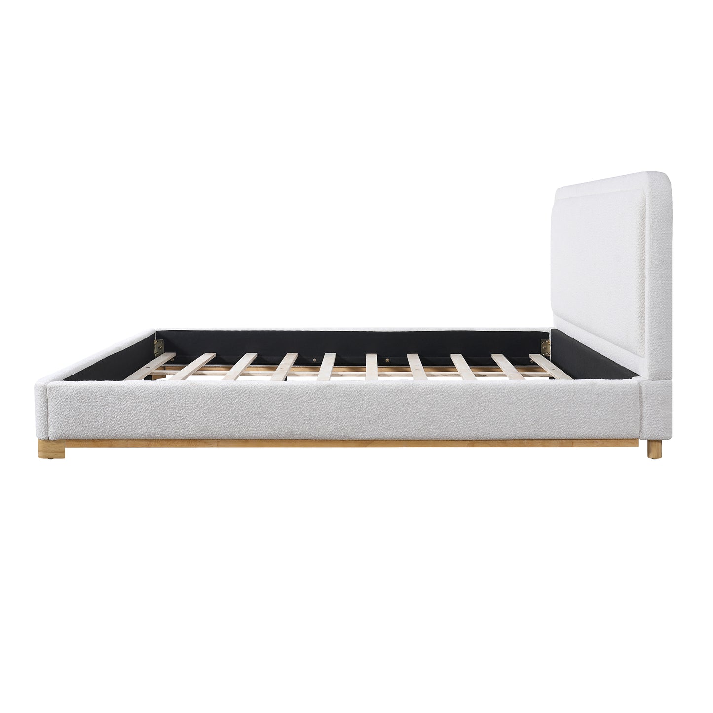 King Size Bed Frame With Boucle Upholstered Curved Headboard, Solid Wood Base And Legs, White image 10