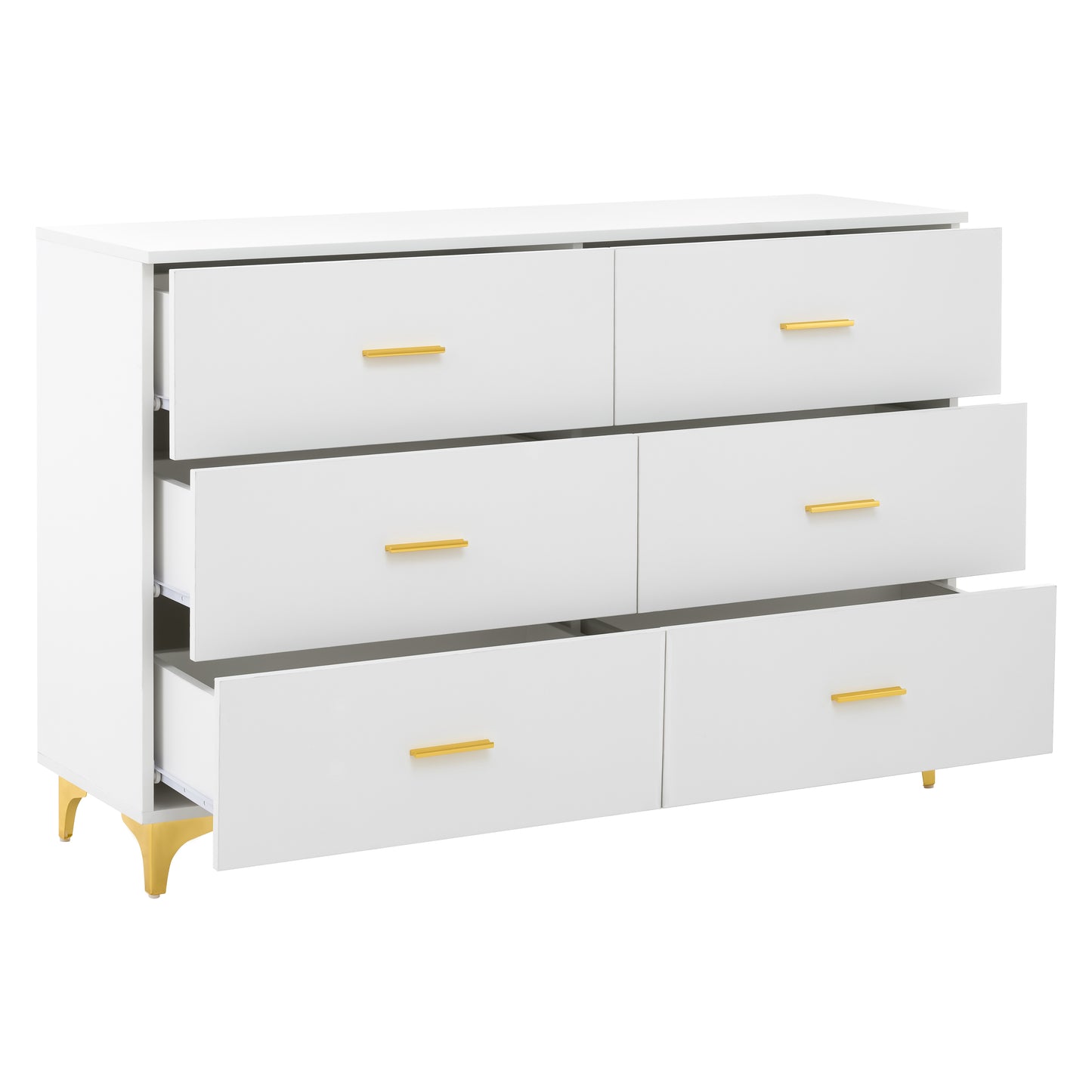 White 6 Drawer Dresser with Gold Handles & Metal Legs, Deep Storage Space, Modern Chest of Drawers, Wooden Dresser Tv Stand for TV Stand,Living Room, Hallway, Entryway image 2