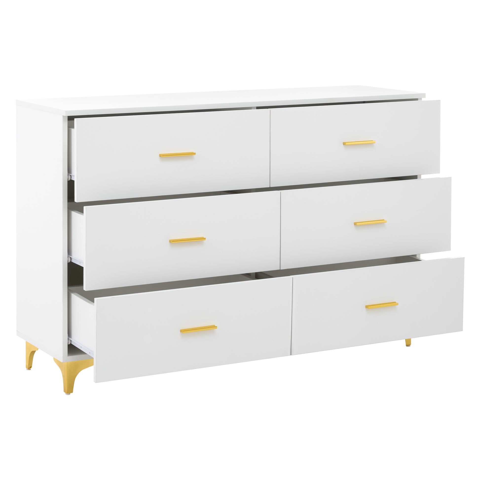 White 6 Drawer Dresser with Gold Handles & Metal Legs, Deep Storage Space, Modern Chest of Drawers, Wooden Dresser Tv Stand for TV Stand,Living Room, Hallway, Entryway image 2