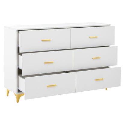 White 6 Drawer Dresser with Gold Handles & Metal Legs, Deep Storage Space, Modern Chest of Drawers, Wooden Dresser Tv Stand for TV Stand,Living Room, Hallway, Entryway image 2