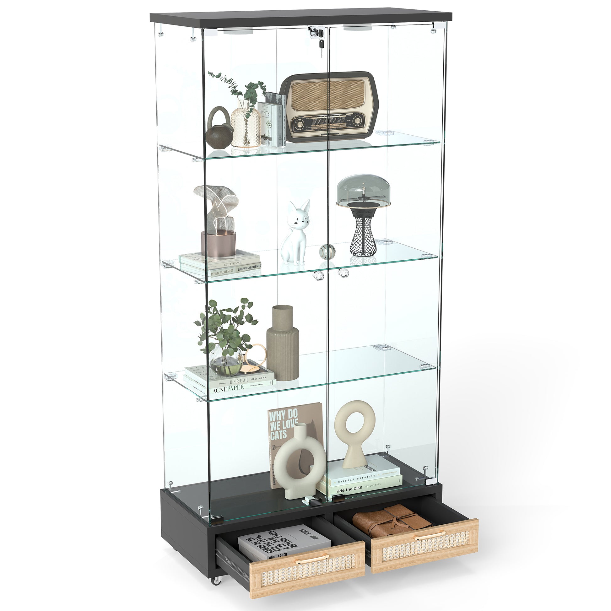 Modern Glass Display Cabinet with Large Drawers,Quick-assembly Antique Cabinet with LED lights,Tempered Glass Bookshelf,2-Door Storage Case with 4 Shelves for Living Room and Bedroom,black and natural image 11
