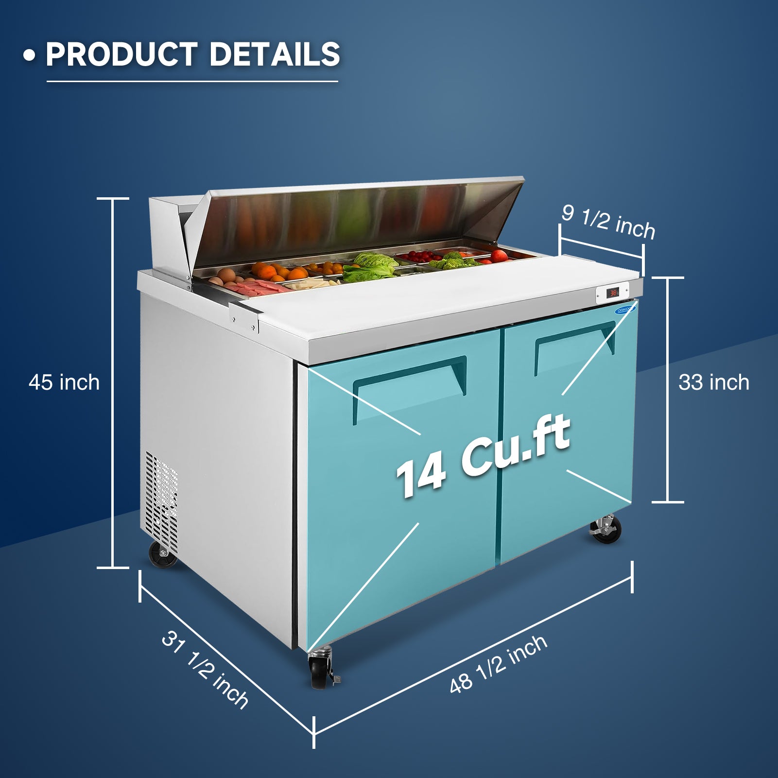 Orikool 48 IN Commercial Refrigerators Sandwich&Salad Prep Table with a Butcher Block Cutting Board, Protection Lid, Cold Storage, ETL Certified image 3