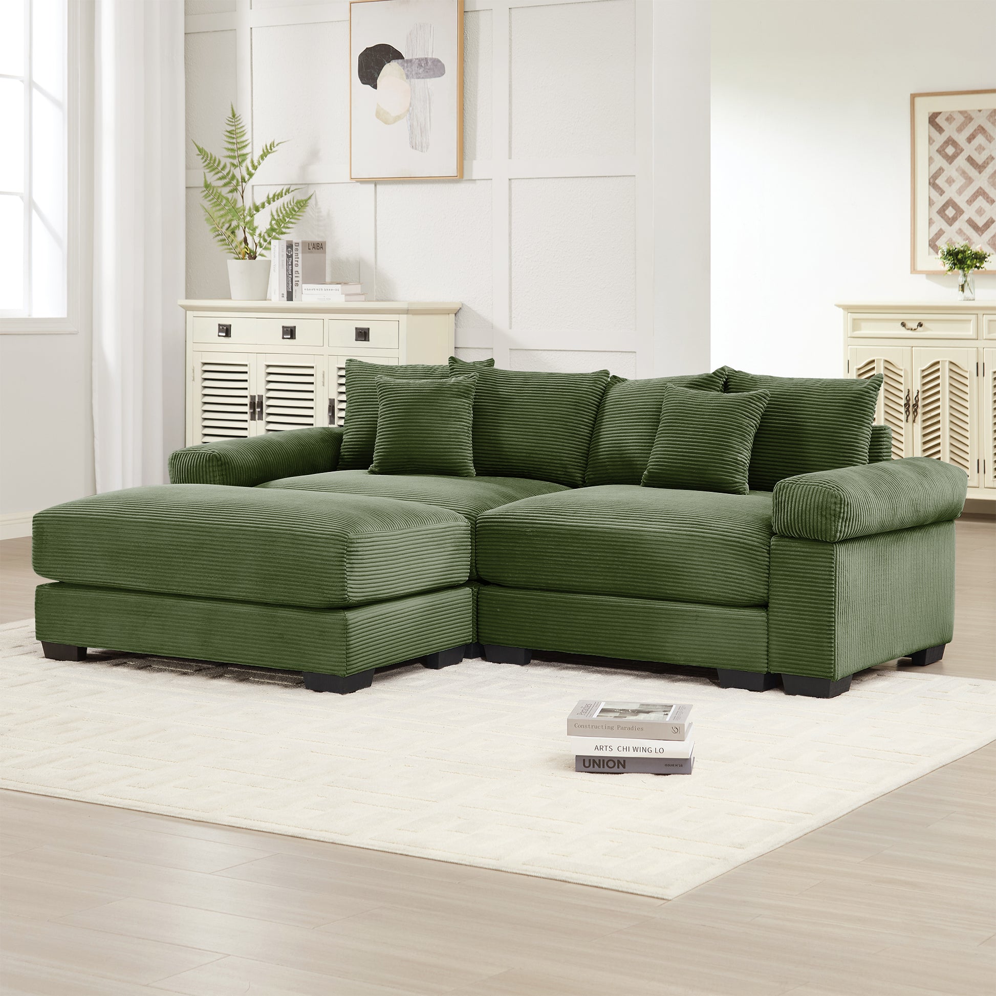 92" Oversized Cloud Modular L-Shape Sectional Couch, Soft Corduroy Fabric, with Chaise, Deep Seat Wide Armrests, Ergonomic Design, 6 Throw Pillows, Easy Assembly, for Living Rooms, Lounges,Green image 3