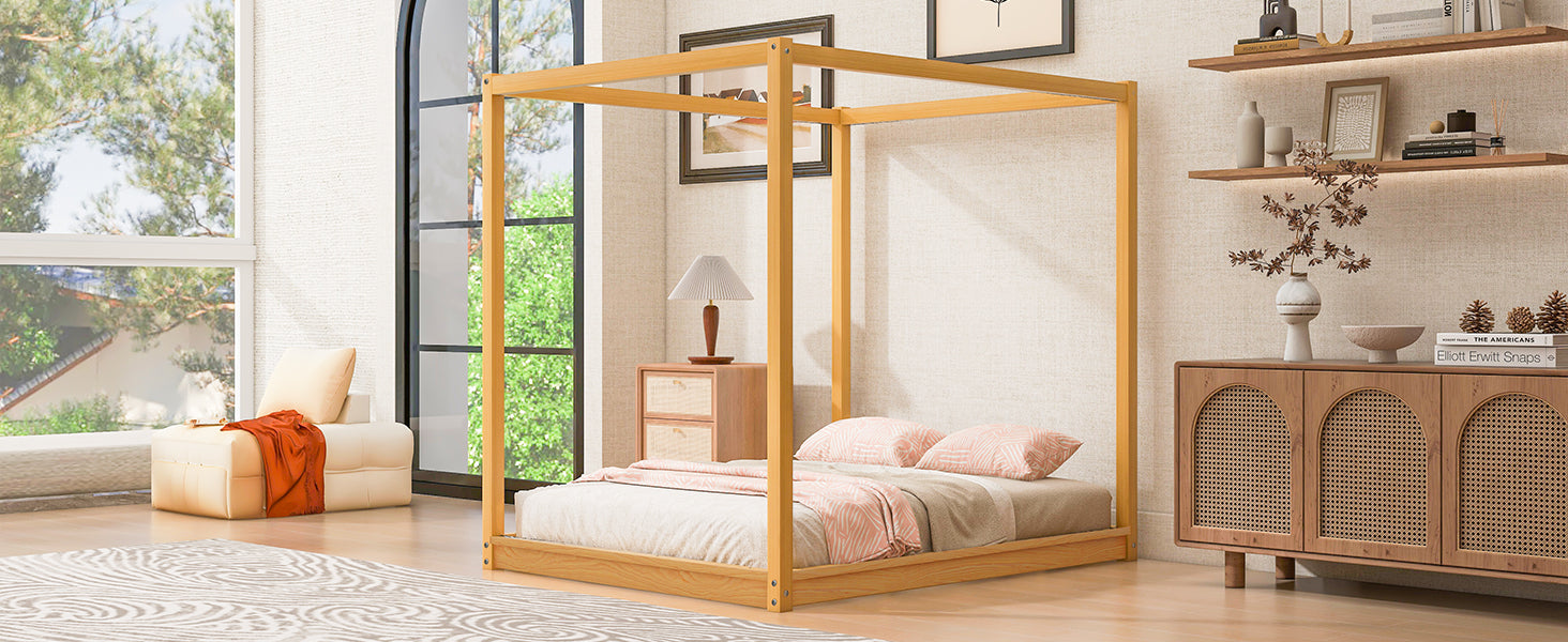 Queen Size Canopy Platform Bed with Support Legs,Natural image 9