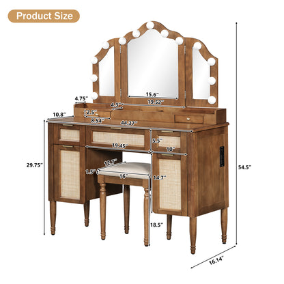 44.37" Makeup Vanity Desk with Stool Set, 13 Hollywood Bulbs & 3 Lighting Modes Dressing Table, Tri-Fold Mirror Large Vanity Table with Cushioned Stool, Charging Station, Ample Storage, Espresso image 7