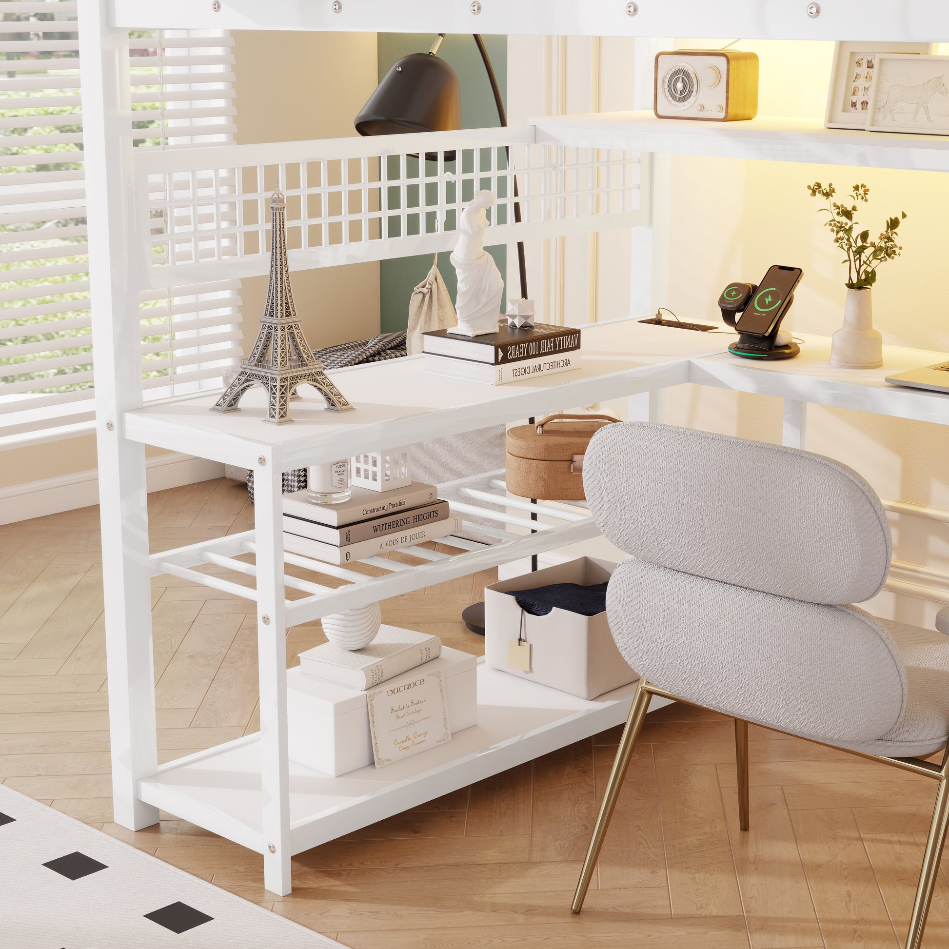 Full Size Loft Bed with Staircase and Wardrobe, Metal Loft Bed with Desk, Storage Shelves, LED Lights and Charge Station,White(Expect Arrival Date 2026/5/9 Old SKUW2593S00059) image 6