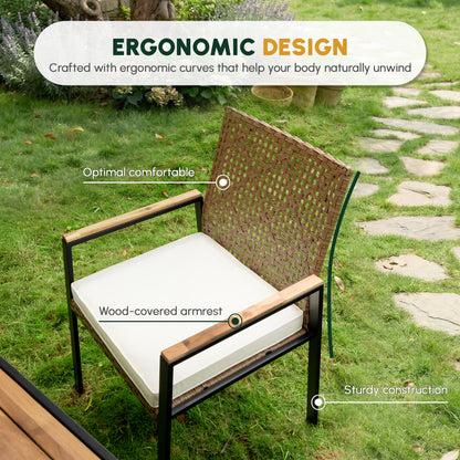 All Weather 5-Piece Patio Dining Table Sets, Patio Conversation Set Acacia Wood Table Top with Umbrella Hole, Rattan Outdoor, Yellow Color image 3