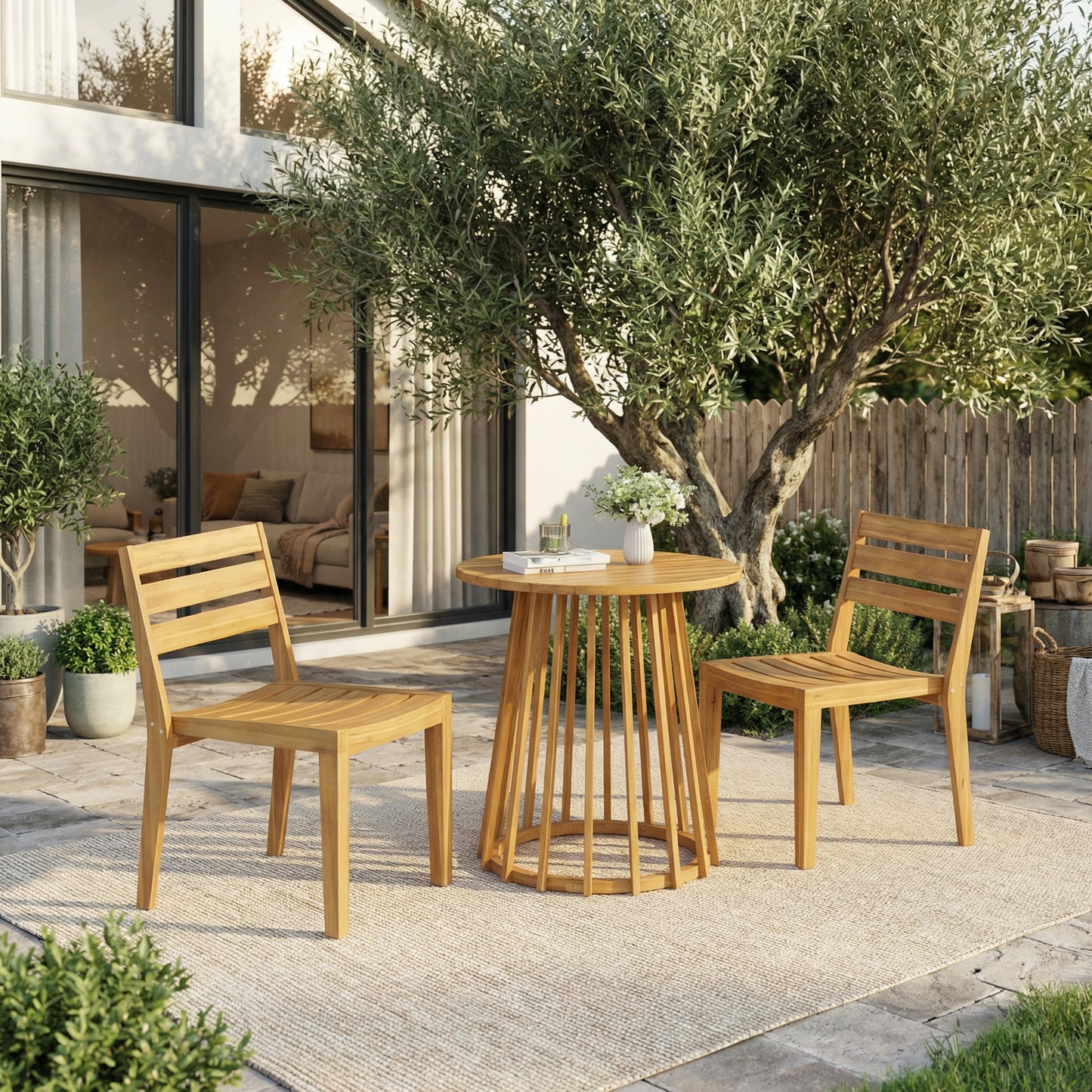 Outdoor 3-Pieces Acacia Wood Dining Set,Round Bistro Set, Teak image 1