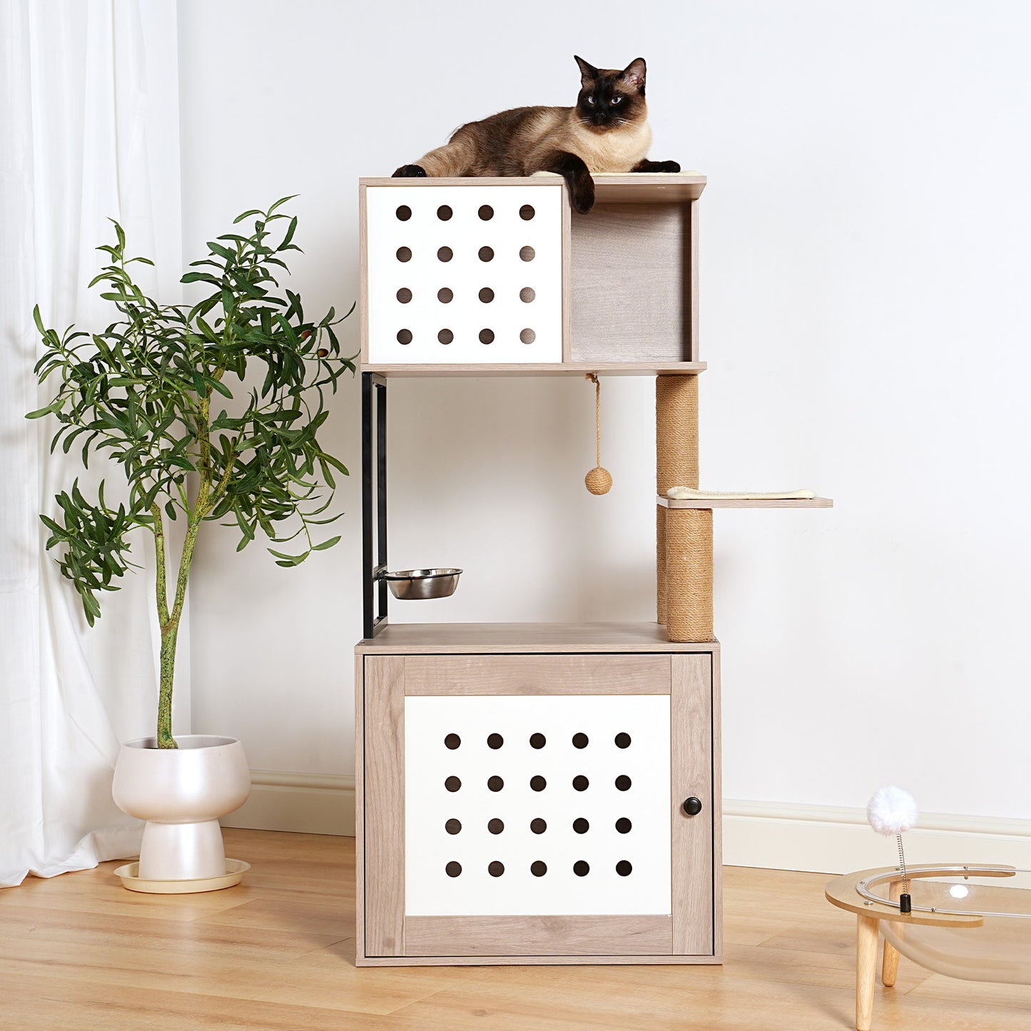 Cat Tree with Litter Box Enclosure, All-in-one Cat Tower for Indoor Cats with Large Hammock, Bed, Food Station, Scratching Posts, Modern Style Pet Furniture, Gray+white image 1