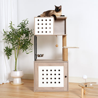 Cat Tree with Litter Box Enclosure, All-in-one Cat Tower for Indoor Cats with Large Hammock, Bed, Food Station, Scratching Posts, Modern Style Pet Furniture, Gray+white image 1