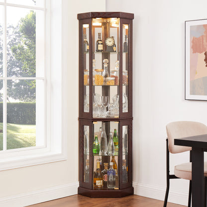 Corner Glass Cabinet Lighted Curio Cabinet Corner Display Case for Living Room, Curio Cabinet, Antique collection, Wine,Bar Glass Storage Light Included,Dark Cherry image 3